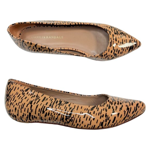 Loeffler Randall Patent Leather Printed Flats Tan Black Pointed Toe Size 8.5 - Picture 1 of 16